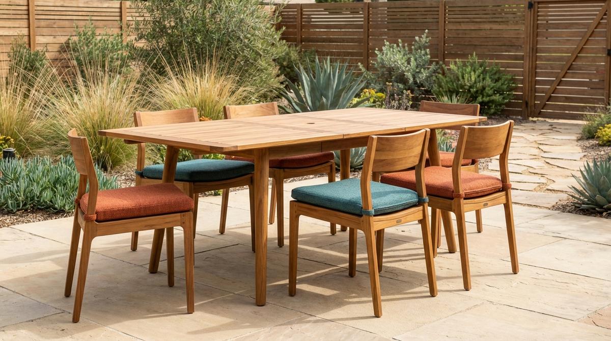 A mid-century modern garden dining set made from teak and acacia wood, featuring clean lines, organic forms, and exposed joinery. The set includes an expandable table and chairs, paired with cushions in earth tones, burnt orange, or teal, reflecting period color palettes.