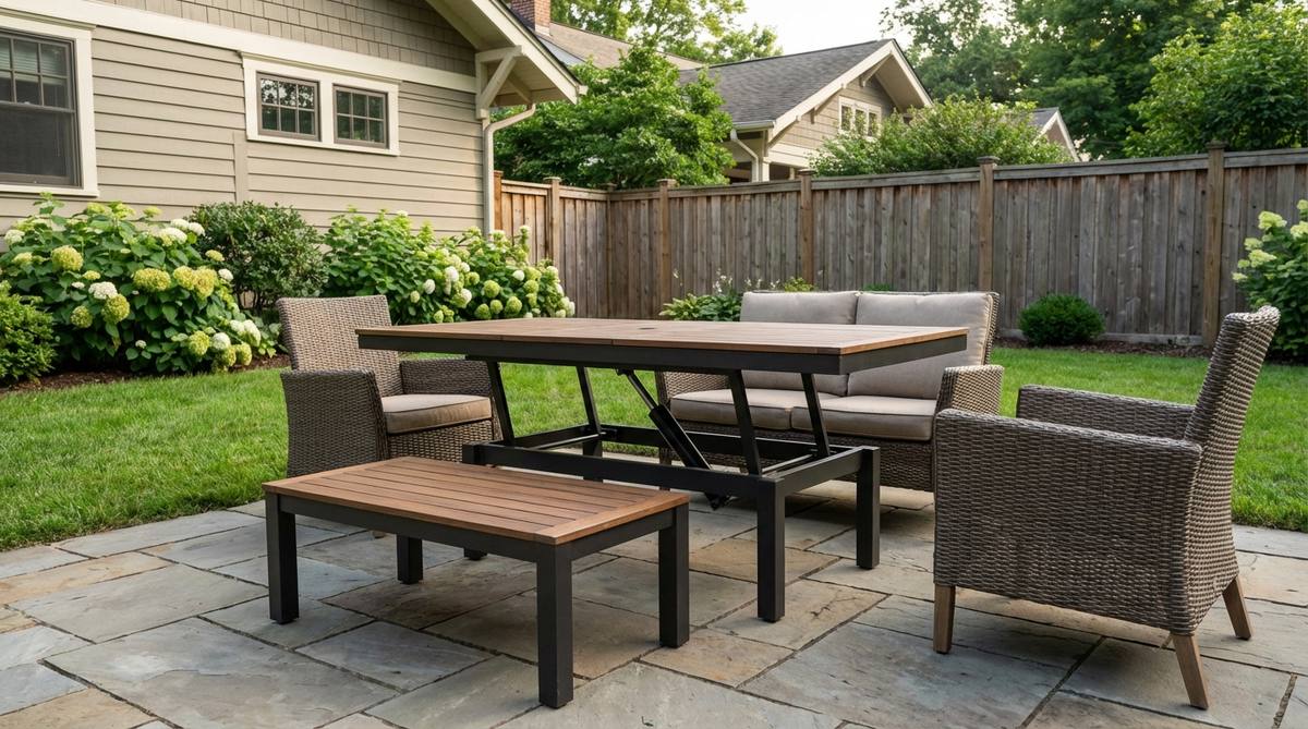 A telescoping table with adjustable height, ideal for small garden furniture, featuring hydraulic or manual mechanisms that transition from coffee to dining to bar heights, replacing multiple traditional pieces in one compact design.