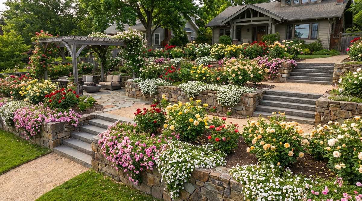 A beautifully designed terraced rose garden on a sloped site, featuring multiple planting levels created by retaining walls. Cascading groundcover roses soften the edges of the terraces while various rose varieties are displayed at different elevations, demonstrating improved accessibility and maintenance access.