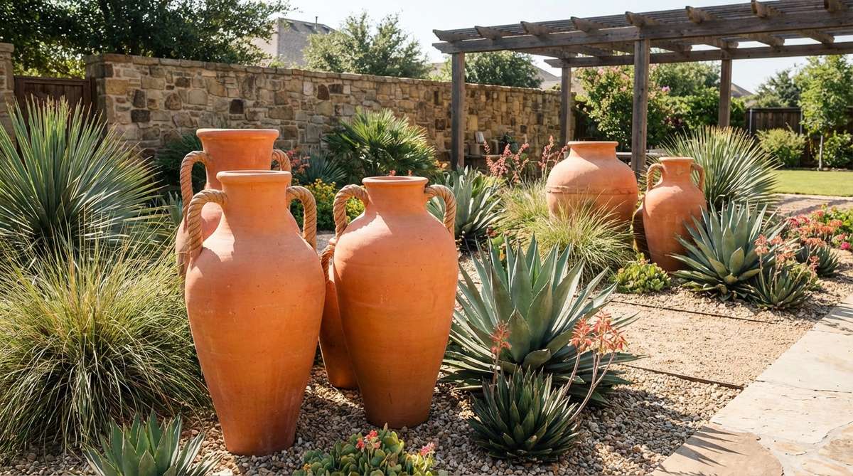 Traditional Mediterranean terracotta amphoras, hand-thrown clay storage vessels with rope-textured handles and tapered bases, in warm orange-red tones ideal for garden decor and complementing hot-climate plantings.