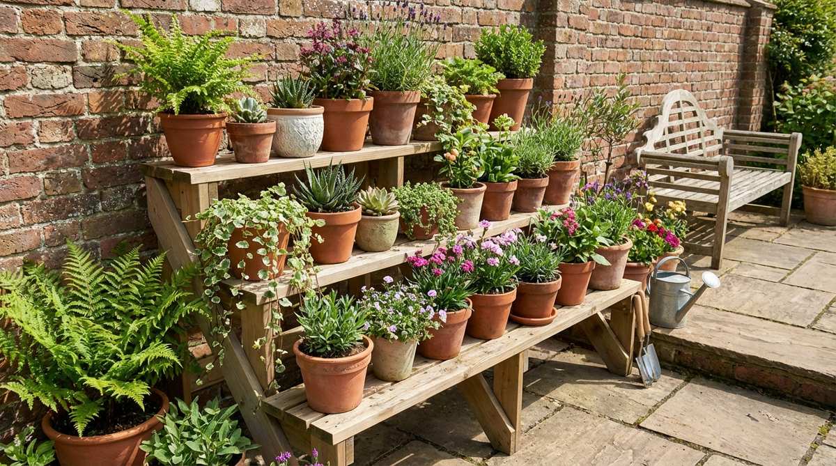 A vertical tiered plant stand in a garden corner, showcasing stacked container gardens with mixed plant types and sizes to maximize space and visual appeal in small outdoor areas.