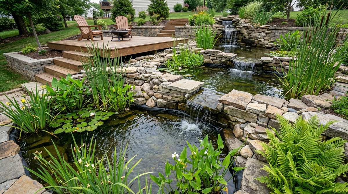 A multi-level aquatic garden featuring connected ponds at descending elevations, with water flowing through filters and spillways, lined with EPDM rubber, supporting diverse aquatic plants and natural aeration.