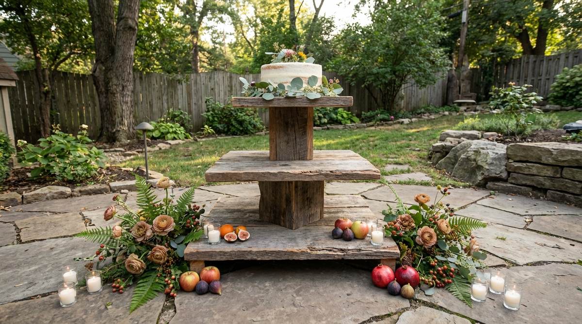 A rustic tiered wooden cake stand, perfect for boho decor birthdays, featuring natural wood grain and raw edges. Displayed with a birthday cake, surrounded by loose florals, candles, and fruit arrangements to enhance the organic, earthy theme.