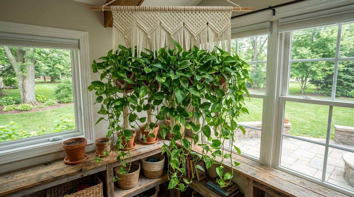 A lush pothos plant with heart-shaped leaves cascading from a macramé hanger, creating a living curtain effect in boho decor. The trailing vines soften shelf edges and add organic movement to the space, ideal for creating a jungle-like atmosphere near windows.