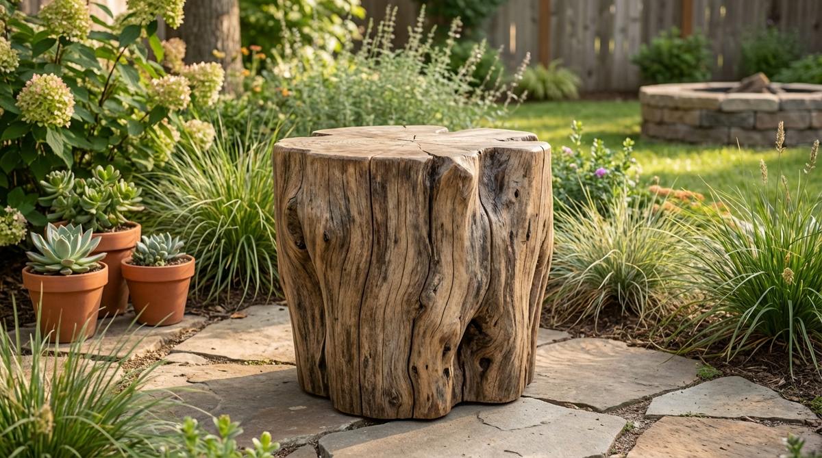 A rustic, boho-style accent table made from a solid wood stump or log section, sealed for outdoor use. Features natural variations in diameter, height, and grain pattern, emphasizing its unique, organic character. Ideal for sustainable garden furniture, sourced from reclaimed or responsibly harvested wood.