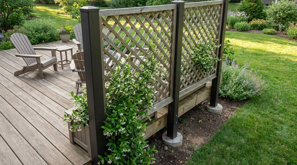 A vertical trellis panel mounted along the side of a small garden deck, screening the seating area while allowing light through. The open lattice pattern provides privacy without enclosure, with jasmine climbers growing at the base to create a living screen. Sturdy posts anchored in concrete ensure stability.