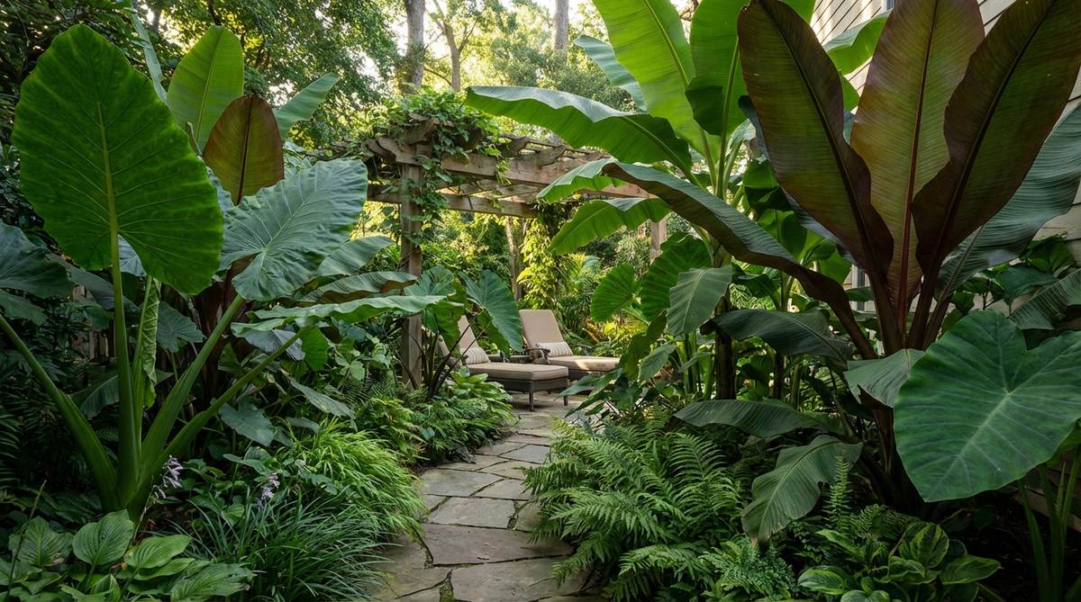 A lush tropical foliage garden featuring elephant ear, banana, and canna plants with oversized leaves creating a jungle-like atmosphere. Plants are layered at varying heights for depth, with dappled shade conditions enhancing the tropical mood. Bold leaf forms contrast with fine-textured companions for maximum visual impact in a garden setting.