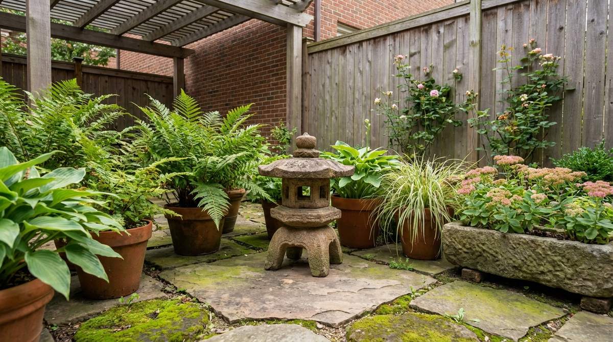 A small stone garden lantern, 8-12 inches tall, designed for enclosed courtyard gardens or tsubo spaces. Ideal for urban gardens, container gardens, balconies, or interior courtyards with limited space, maintaining authentic proportions and detailing.