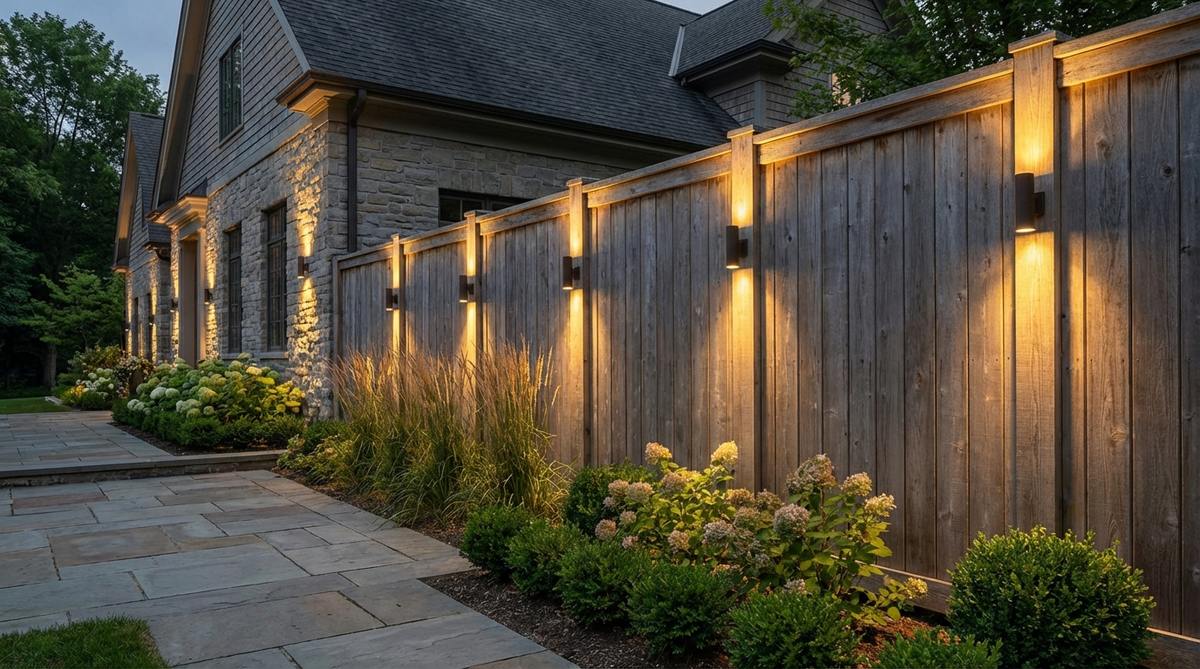 An architectural outdoor wall sconce casting light both upward and downward, creating dramatic columns of illumination along fence lines or house walls. Positioned at 8-10 foot intervals for even coverage, with warm 2700-3000K color temperature to complement garden settings.