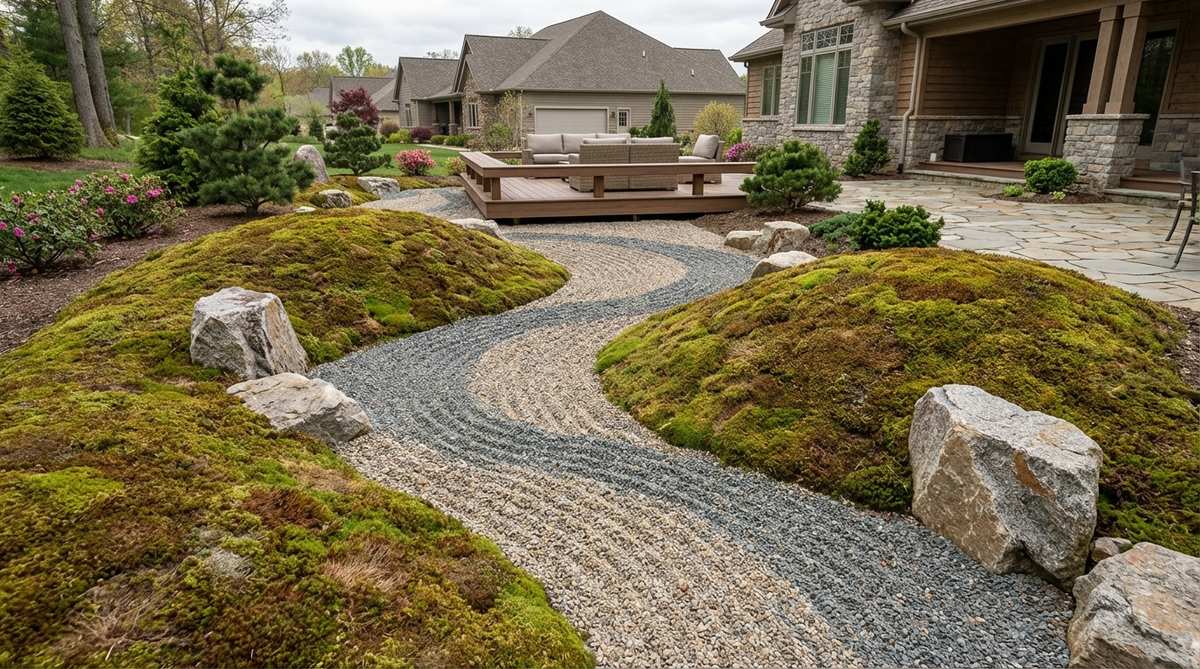 A Japanese Zen garden feature showing two mounded areas flanking a central depression, with raked gravel representing water in the valley and moss-covered slopes creating color variation, illustrating the concave-convex relationship that guides viewers' eyes through the composition.