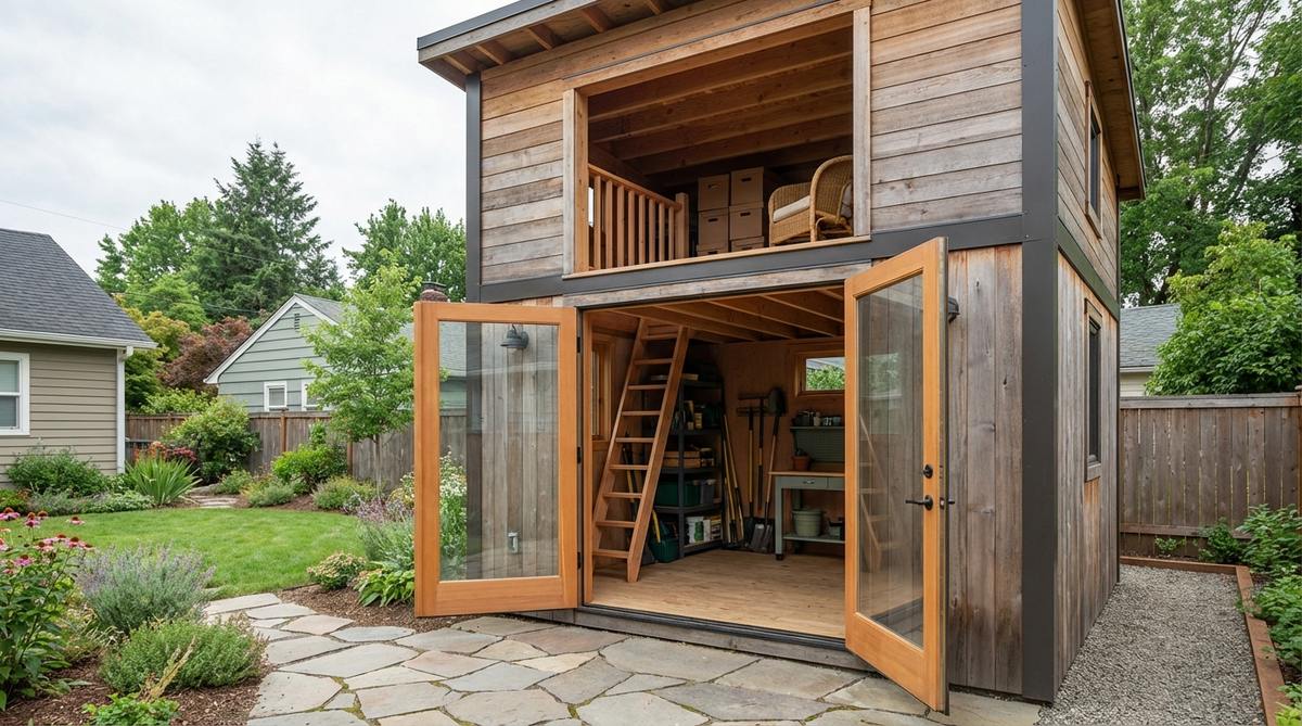 A contemporary garden shed featuring a vertical expansion loft design with mezzanine level, showcasing how high ceilings create additional storage or seating space within the same footprint. The image illustrates floor joists supporting live loads, space-saving ladder access, and efficient use of building envelope height.