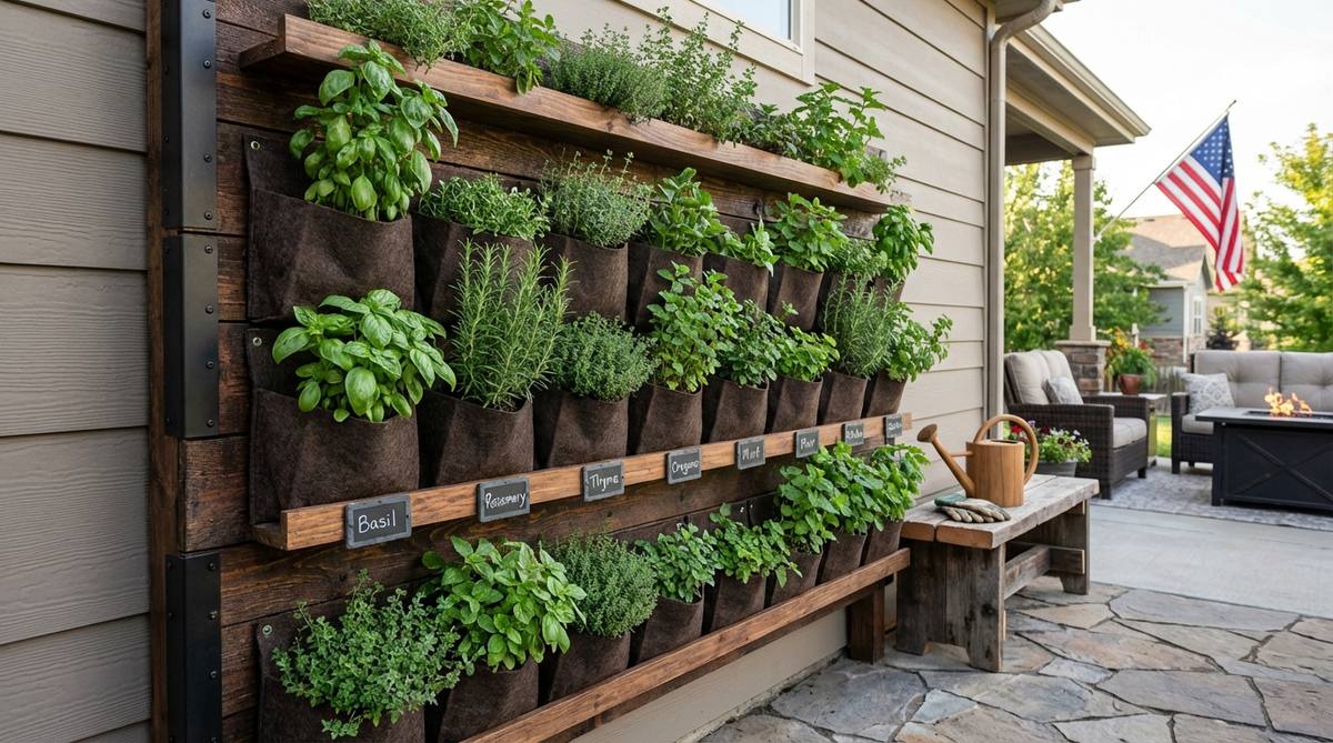 A vertical herb garden wall featuring pockets, shelves, or tubes for growing culinary herbs, designed to conserve ground space and provide easy access for harvesting at standing height.