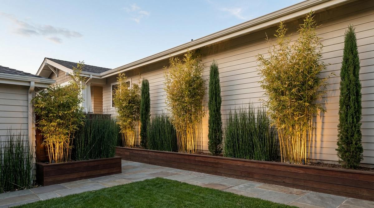 A vertical plant accent wall featuring tall architectural plants like bamboo, horsetail reed, or columnar evergreens against a home's facade. The narrow planting strip creates privacy, softens building walls, and includes uplighting for dramatic nighttime shadows. This design maximizes visual impact while preserving walkway clearance, ideal for homes with limited front yard depth.