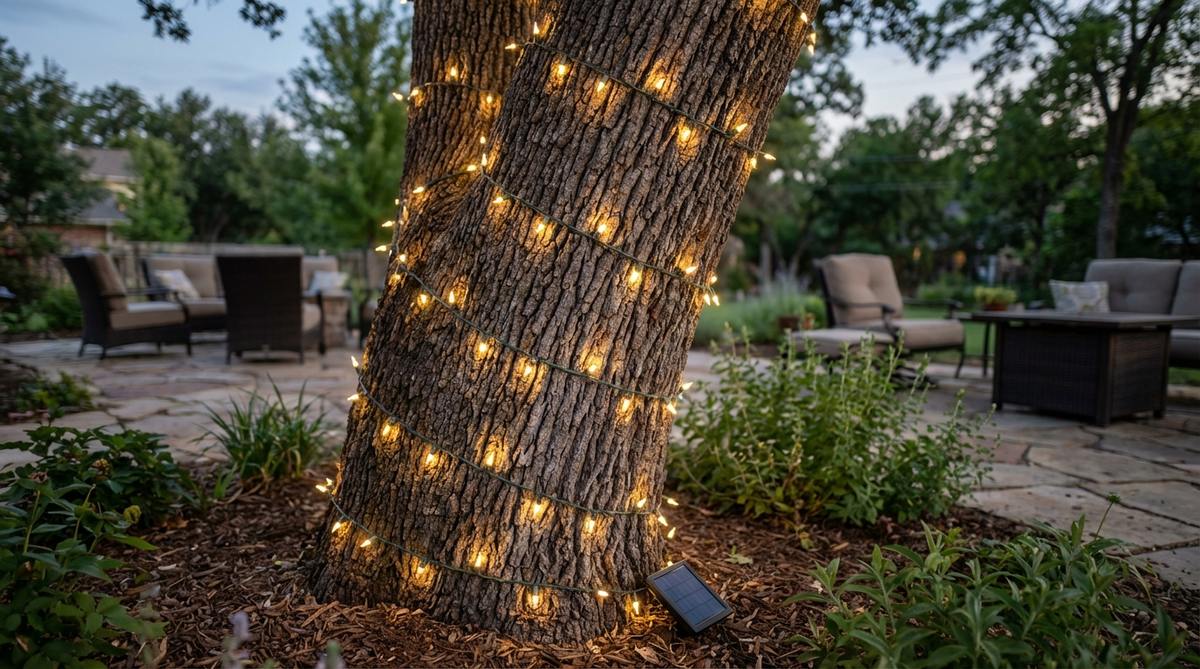 Fairy lights wrapped vertically around a tree trunk, creating an illuminated column that highlights bark texture and defines vertical garden elements. The lights are spaced 6-8 inches apart in a spiral pattern, using battery-powered or solar strands for easy installation without wires.
