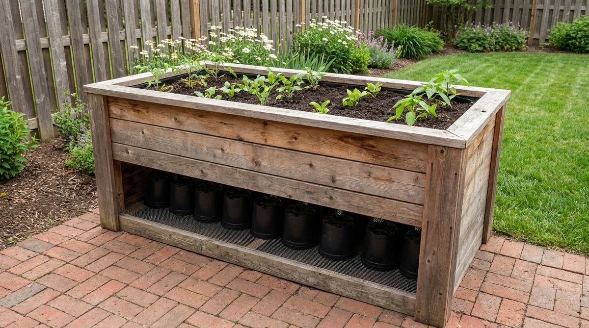 A waist-high accessible raised garden bed designed for small backyard spaces, featuring a height of 30-36 inches to eliminate stooping and kneeling, making it ideal for individuals with back issues or limited mobility. The bed is constructed to deter pests like rabbits and groundhogs, with a bottom lined with hardware cloth to exclude burrowing animals. It includes a lower section filled with drainage material such as inverted plastic nursery pots, topped with a quality soil mix, optimizing gardening comfort and efficiency in compact areas.