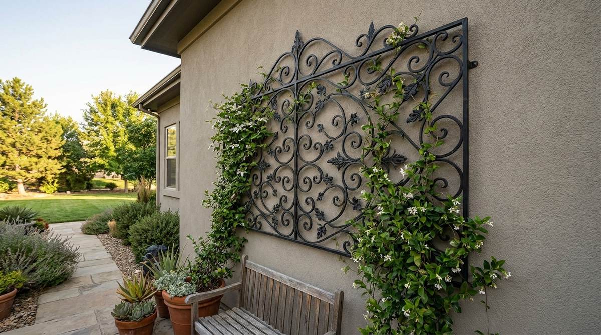 An ornate metal frame mounted on an exterior wall, combining trellis functionality with architectural embellishment. This decorative piece serves as an outdoor art installation, gaining dimension as climbing plants grow and wrap around its structure. Ideal for enhancing entry walls, garage facades, or blank sections in modern gardens.