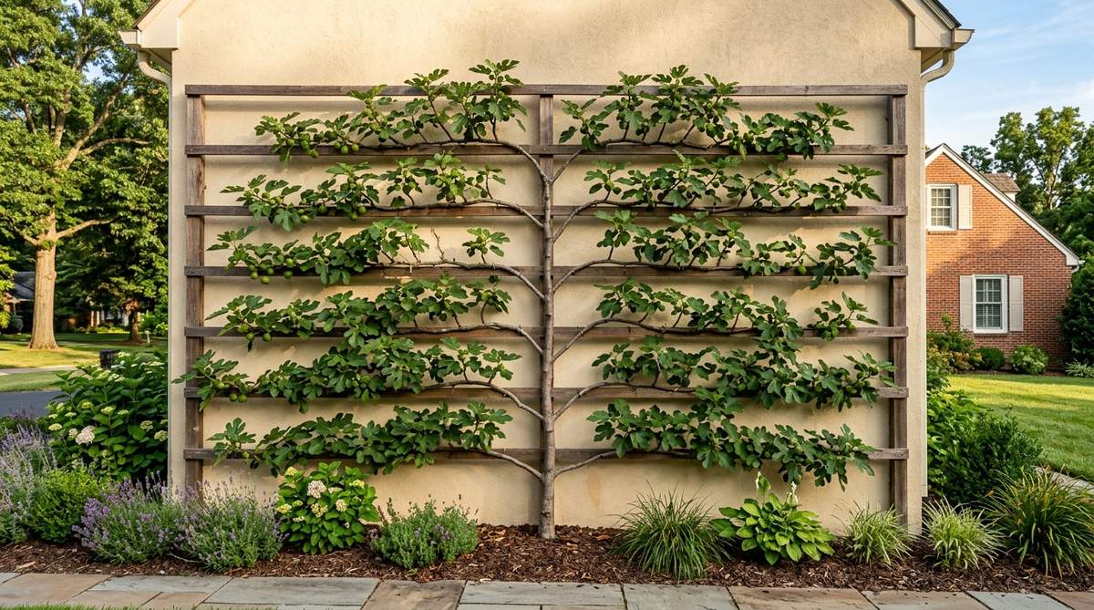 A wall-mounted espalier frame made of cedar slats or horizontal wires, used for training fruit trees like figs or apricots into flat patterns against a south-facing wall. This space-saving garden decor technique creates living wall art and accelerates fruit ripening with reflected heat.