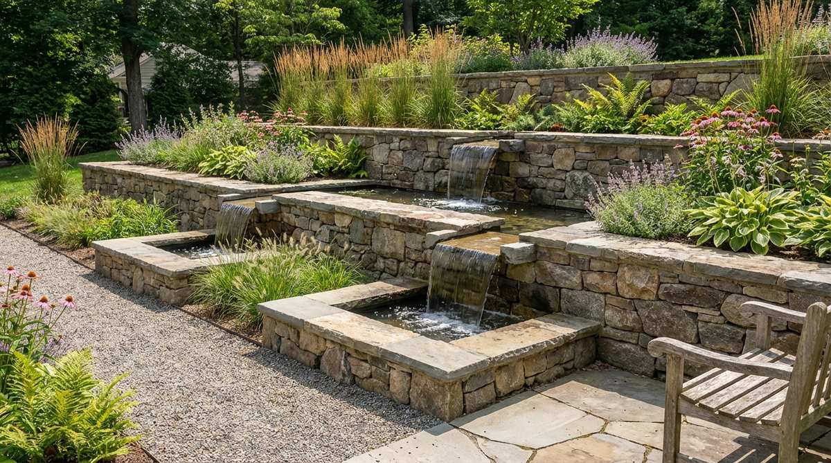 A stone garden wall with terraced levels featuring integrated spillways where water cascades from tier to tier. The design includes flat stones cantilevered forward to create waterfalls, with concealed recirculating pump plumbing within the wall structure. This functional retaining wall transforms into a water feature that adds sound, movement, and cooling effects to high-visibility garden zones while attracting beneficial insects.