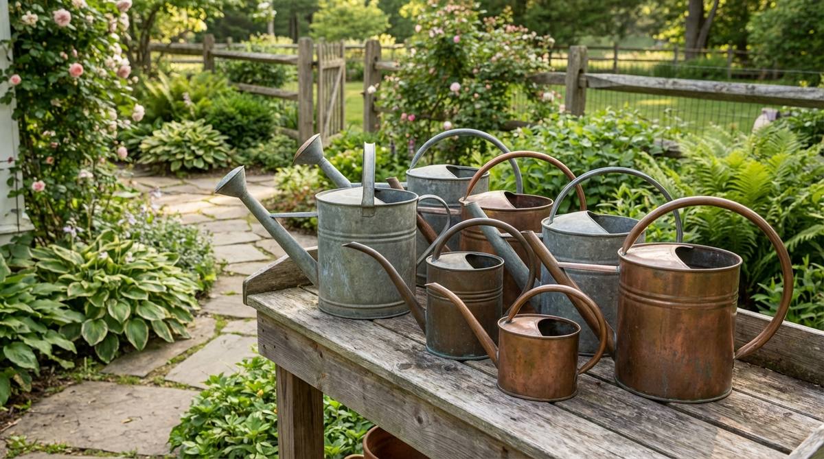A collection of zinc and copper watering cans with aged patina displayed as sculptural accents in a rustic garden setting. The cans are arranged in groupings of varying sizes on a weathered wood potting bench, showcasing elegant silhouettes with graceful spouts and handles against natural backgrounds.