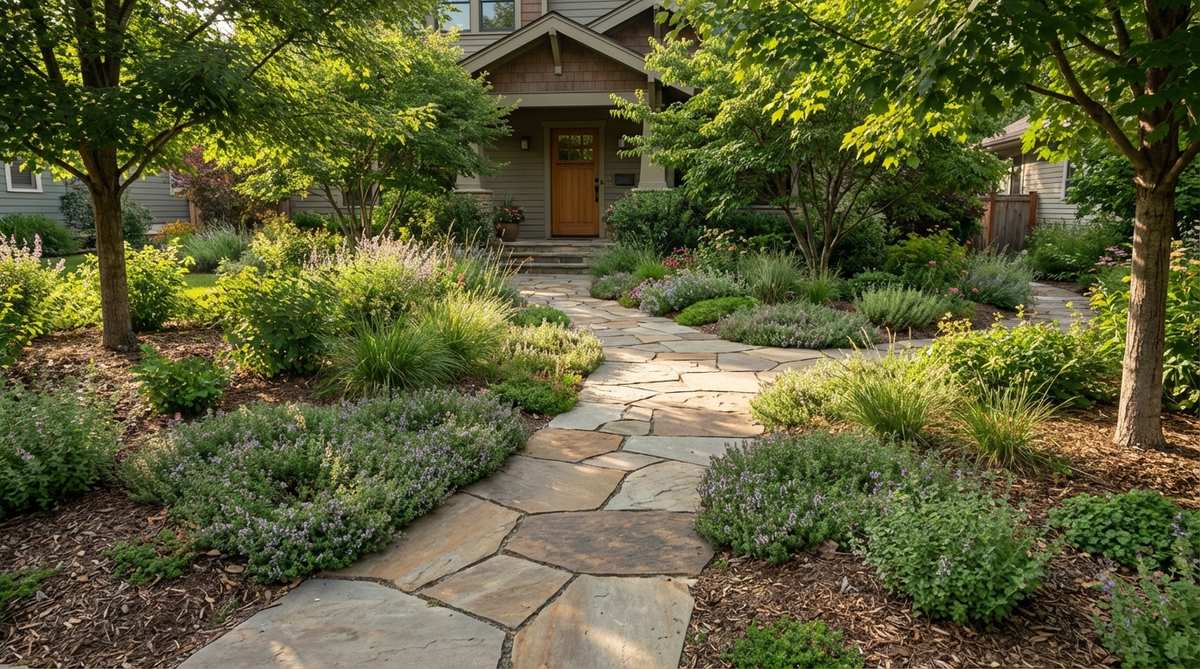 A naturalistic winding flagstone pathway with irregular stones laid in organic curves, surrounded by lush plantings and ground covers like creeping thyme. The earth-toned stones create a durable, slip-resistant entryway that guides visitors to the front door with engaging visual appeal.