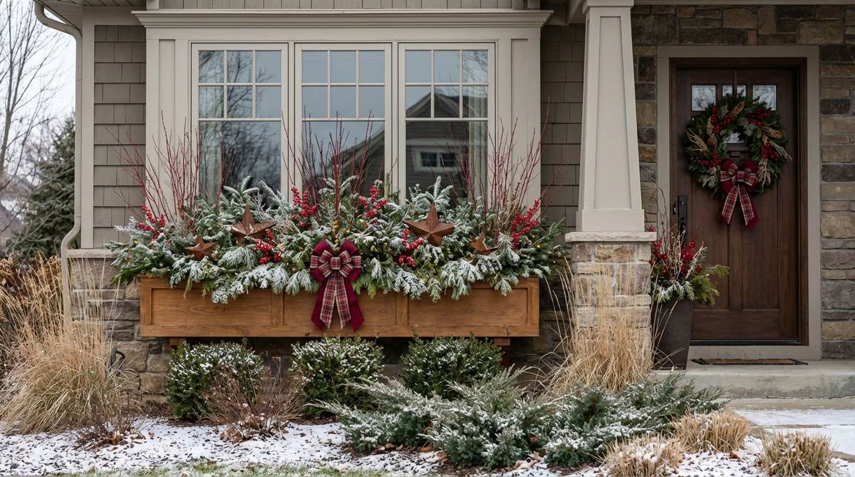 A winter garden design showcasing a window box transformation with evergreen boughs, red twig stems, artificial berry sprays, and decorative elements like micro lights, ornaments, and bows, coordinated with a front door wreath for a unified architectural presentation.