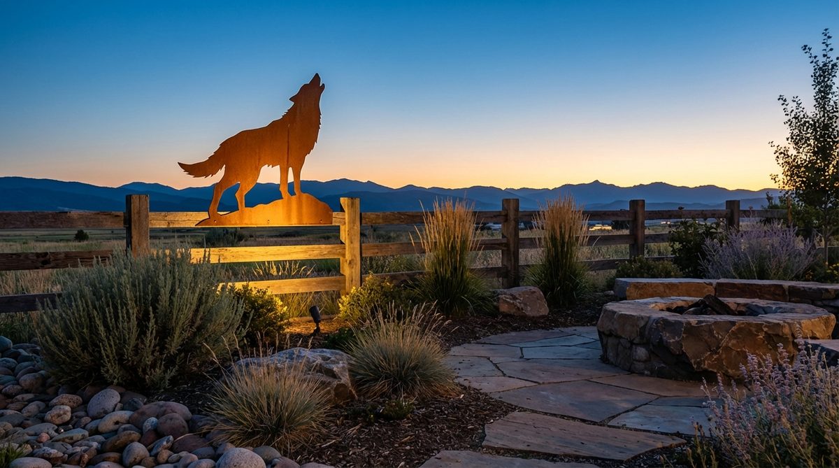 A dramatic metal cutout silhouette of a wolf howling, perfect for garden screens or fence toppers. Creates striking visual impact when backlit at dusk, ideal for Western or mountain-themed landscapes.