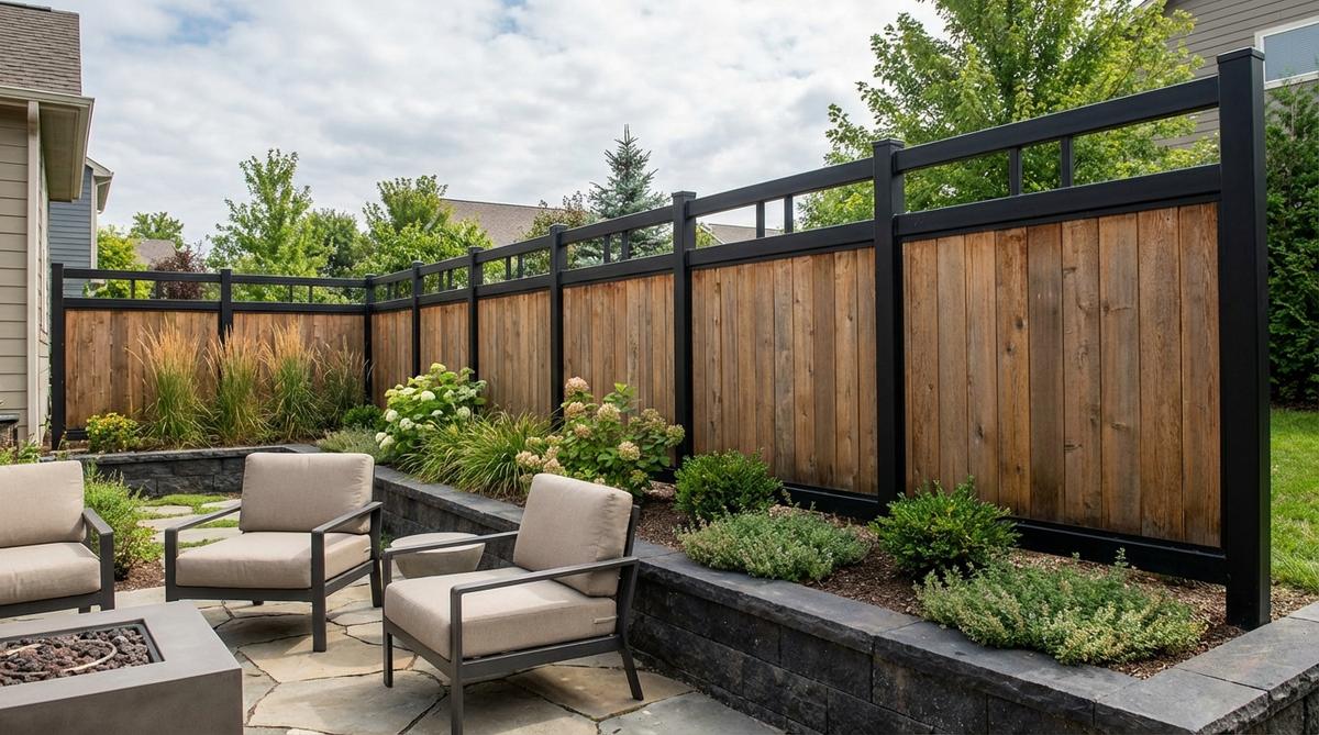 A modern farmhouse-style fence featuring black steel frames with wood infill panels, providing structural support, privacy, and warmth in a small garden setting, ideal for contemporary landscape design.