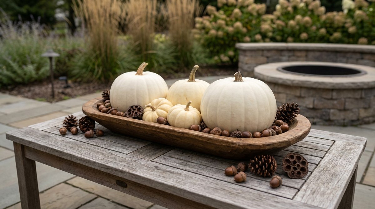 A boho Halloween decoration featuring three to five white pumpkins in varying sizes arranged on a rectangular wooden tray or dough bowl, with natural elements like acorns, pinecones, or dried seed pods filling the negative space. The neutral color palette includes brown wood tones and cream pumpkins, creating a portable seasonal centerpiece suitable for coffee tables or dining surfaces.