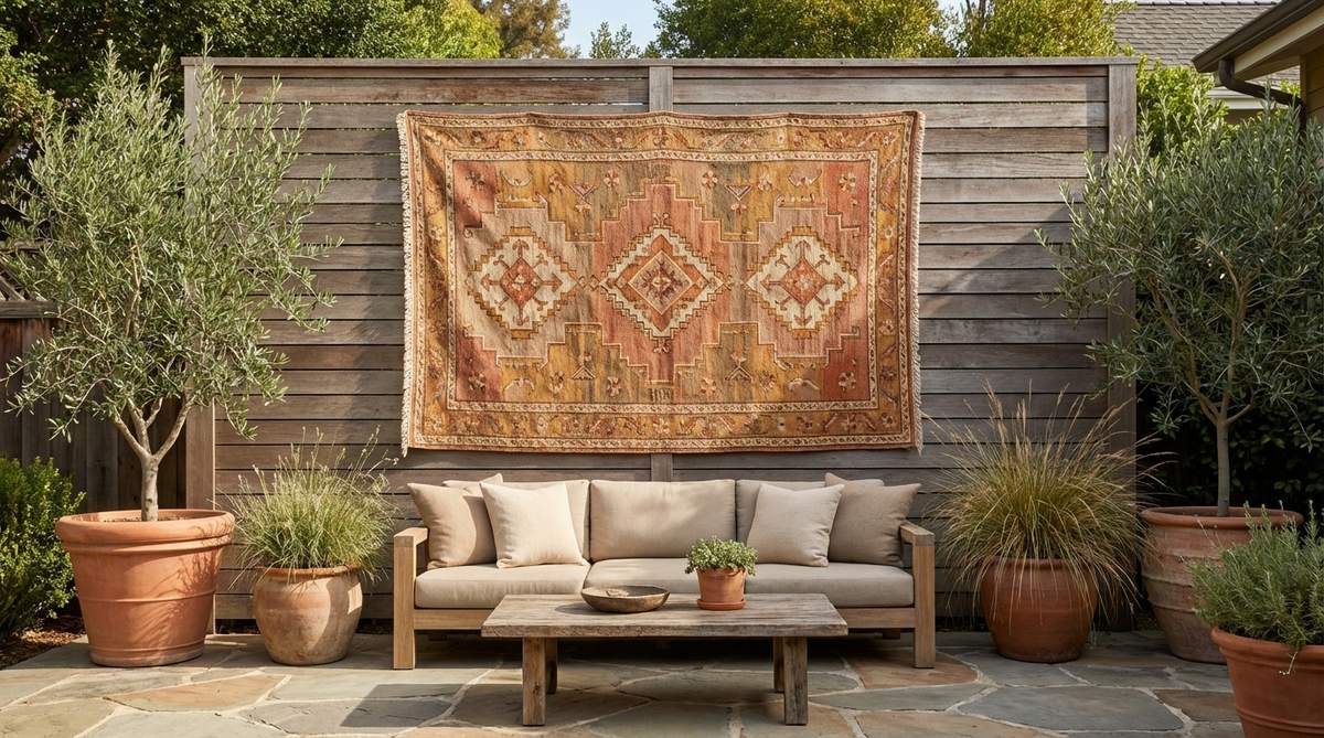 A handwoven tapestry in earthy terracotta, ochre, clay, and cream tones, adding color, pattern, and texture to modern boho decor as a standalone focal point.