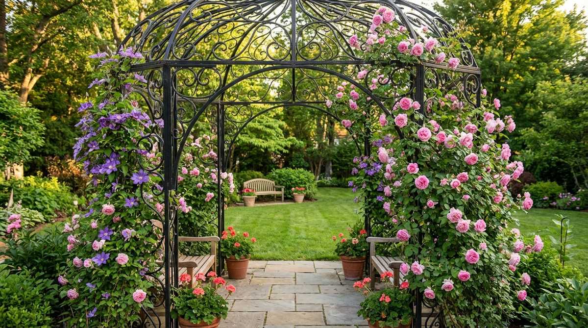 A vintage boho-style wrought iron arbor with ornate scrollwork details, creating a dramatic garden entrance or pathway focal point. The black iron finish contrasts beautifully with flowering vines like climbing roses or clematis, while the open framework maintains an airy, transparent look. Perfect for defining garden rooms and creating framed views in compact spaces.