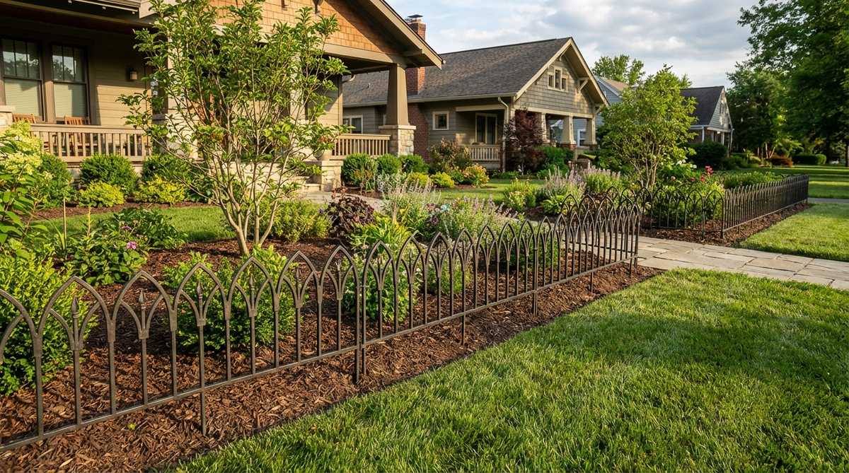 Decorative low wrought iron fencing separating garden beds from lawn, showing Gothic point design with 12-18 inch height for definition without creating barriers. Modular panels follow bed contours with pointed stakes providing stability.