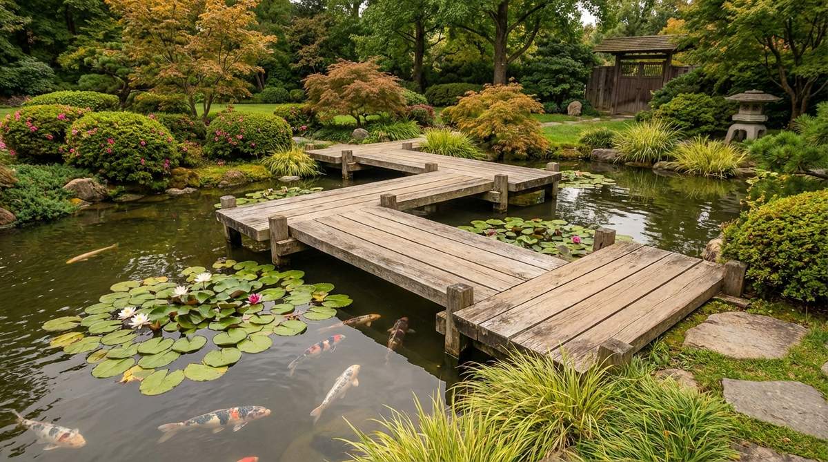 A yatsuhashi bridge with sharp right angles installed over a pond in a Japanese garden, designed to encourage slow, mindful walking. The bridge features platforms at each turn for pausing and viewing water lilies or koi below, teaching presence and revealing new garden perspectives.