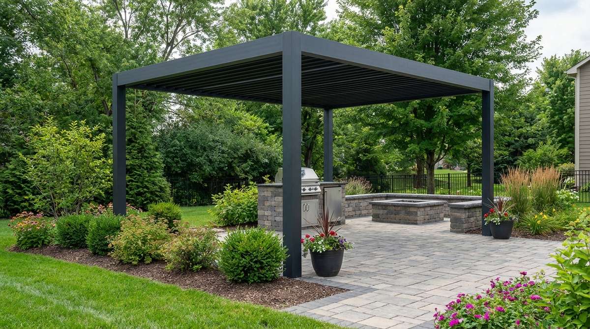 Modern aluminum pergola with powder-coated finish in a small garden setting, showing slim profile beams and durable color finish that requires minimal maintenance.
