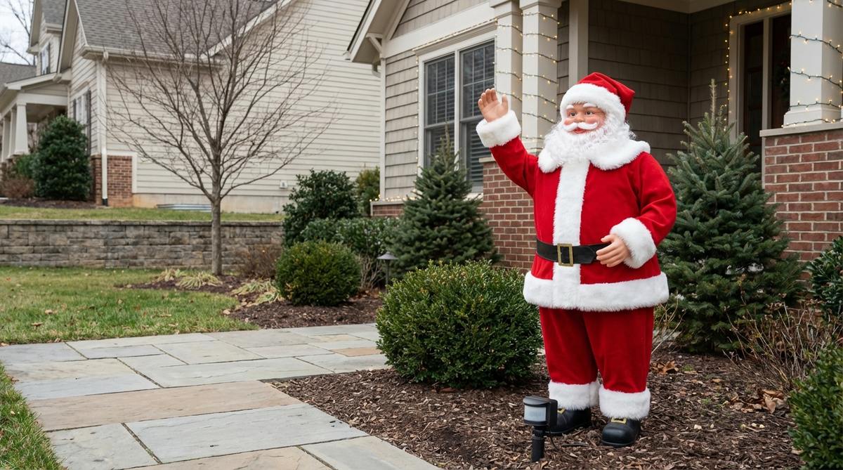 An animated waving Santa Claus figure for outdoor Christmas decor, featuring motion-activated or continuous animation to create interactive moments for visitors. Ideal for placement near walkways to engage passing guests with dynamic movement.