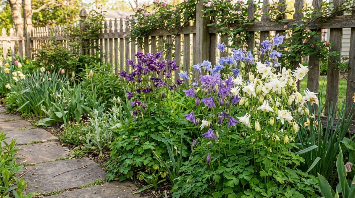 Delicate aquilegia flowers with spurred blooms in spring, bridging the gap between bulbs and summer perennials in a small cottage garden setting with ferny foliage.