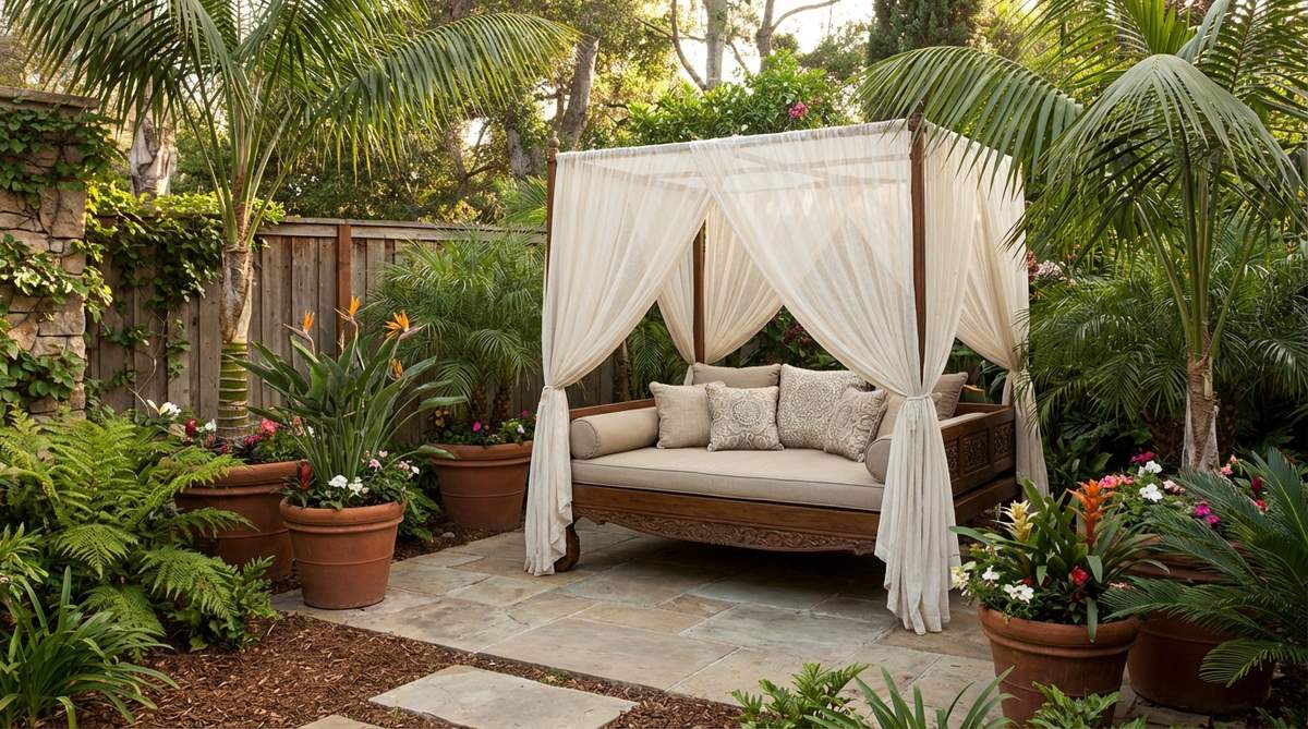 A low-profile Balinese style bed in a garden setting, featuring intricately carved teak details and flowing gauzy curtains that create privacy and insect protection. The four-poster frame supports the curtains while the horizontal design encourages full-body relaxation. Surrounded by potted palms and tropical plantings, this outdoor furniture piece evokes a serene tropical resort ambiance with sophisticated cultural design elements.