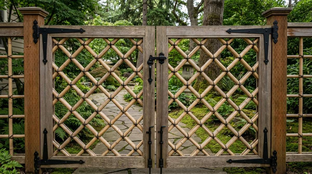 A Japanese bamboo garden gate featuring a diagonal lattice pattern, constructed with decay-resistant cedar frames and black iron hardware. The semi-transparent design maintains visual connection while marking garden boundaries, showcasing traditional outdoor decor elements.