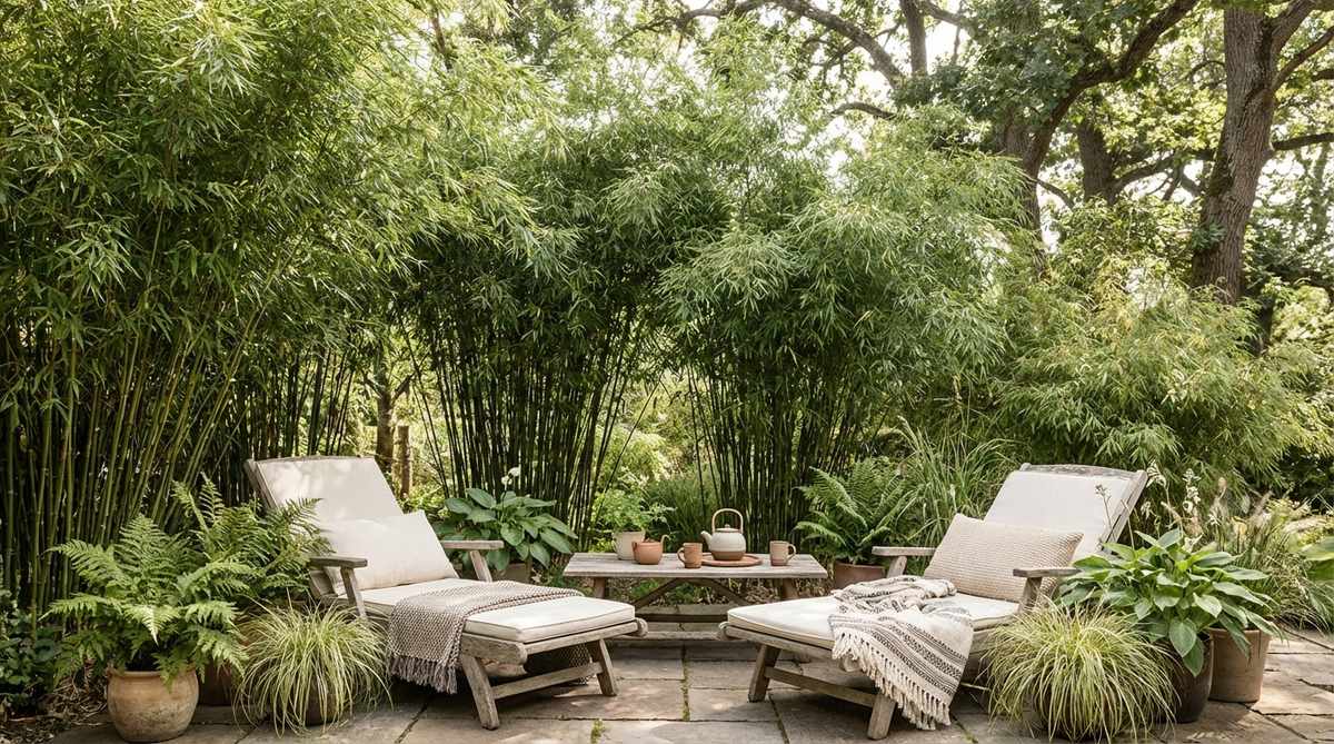 A serene bamboo grove featuring non-invasive clumping bamboo varieties, such as Fargesia, creating vertical lines and rustling foliage for a peaceful backdrop in a boho garden seating area.