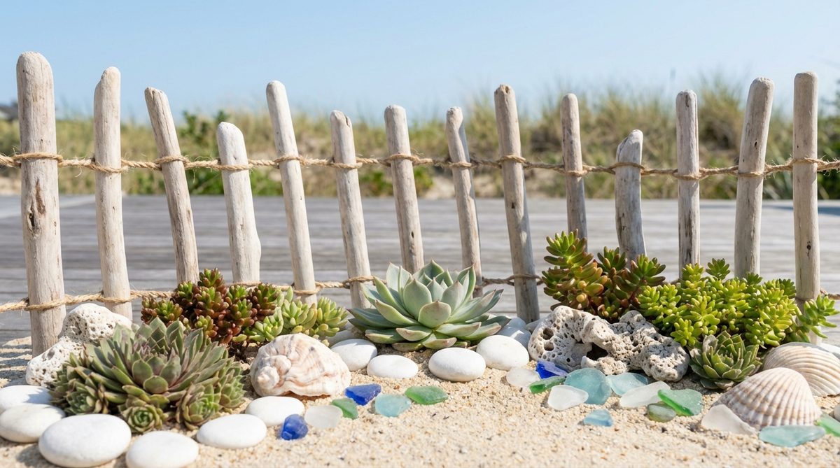 A coastal-themed mini garden fence made from bleached driftwood posts connected with natural twine, creating a weathered boundary that references seaside boardwalks. The tan and gray color palette coordinates with sand substrate, shell accessories, succulent plantings, beach glass, coral pieces, and white pebbles for a complete nautical theme. Posts are installed at slight angles for a casual, wind-worn appearance that weathers gracefully over time.