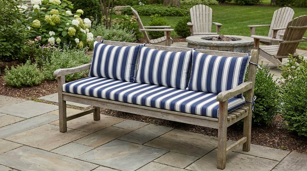 A long bench cushion with attached back pillows, available in 42 or 48 inch lengths, designed to transform hard outdoor seating into comfortable spots for dining or conversation. Features ties to secure the cushion and prevent shifting, with solid colors or simple stripes for a clean look on large surfaces.
