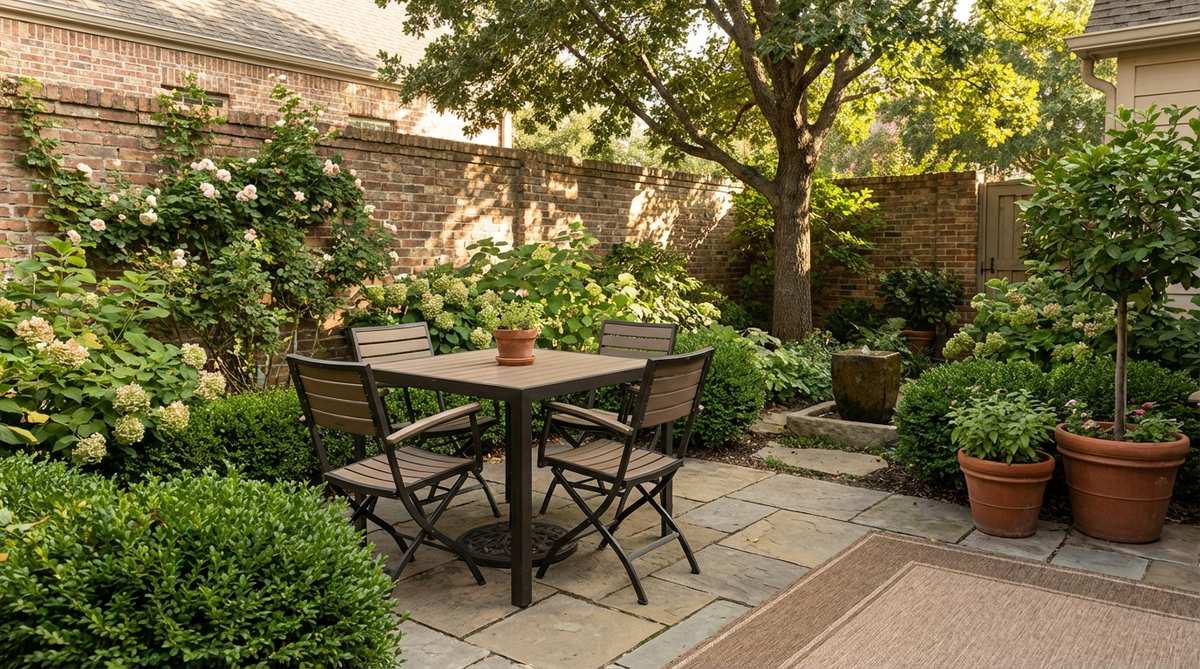 A space-saving bistro table with two to four chairs, featuring a metal frame and slatted top for quick drainage, ideal for compact courtyard dining.