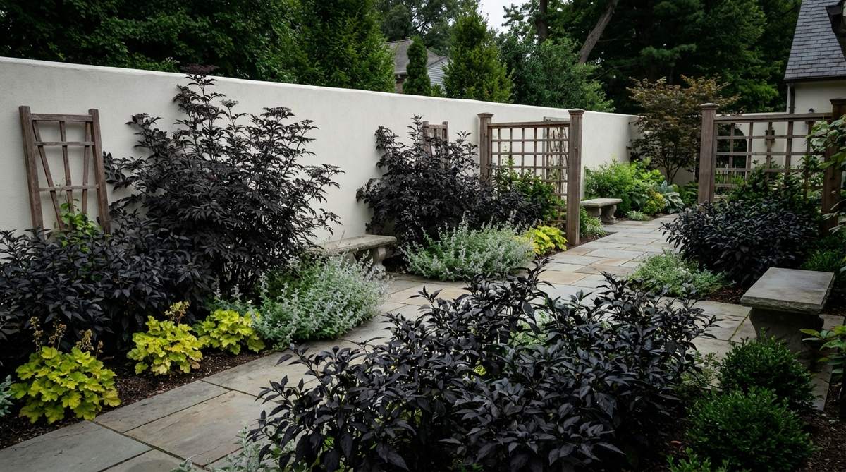 A moody garden design featuring nearly black foliage, such as 'Black Lace' elderberry and 'Black Pearl' pepper, creating depth and drama against light-colored walls, with silver or chartreuse accents to enhance composition.