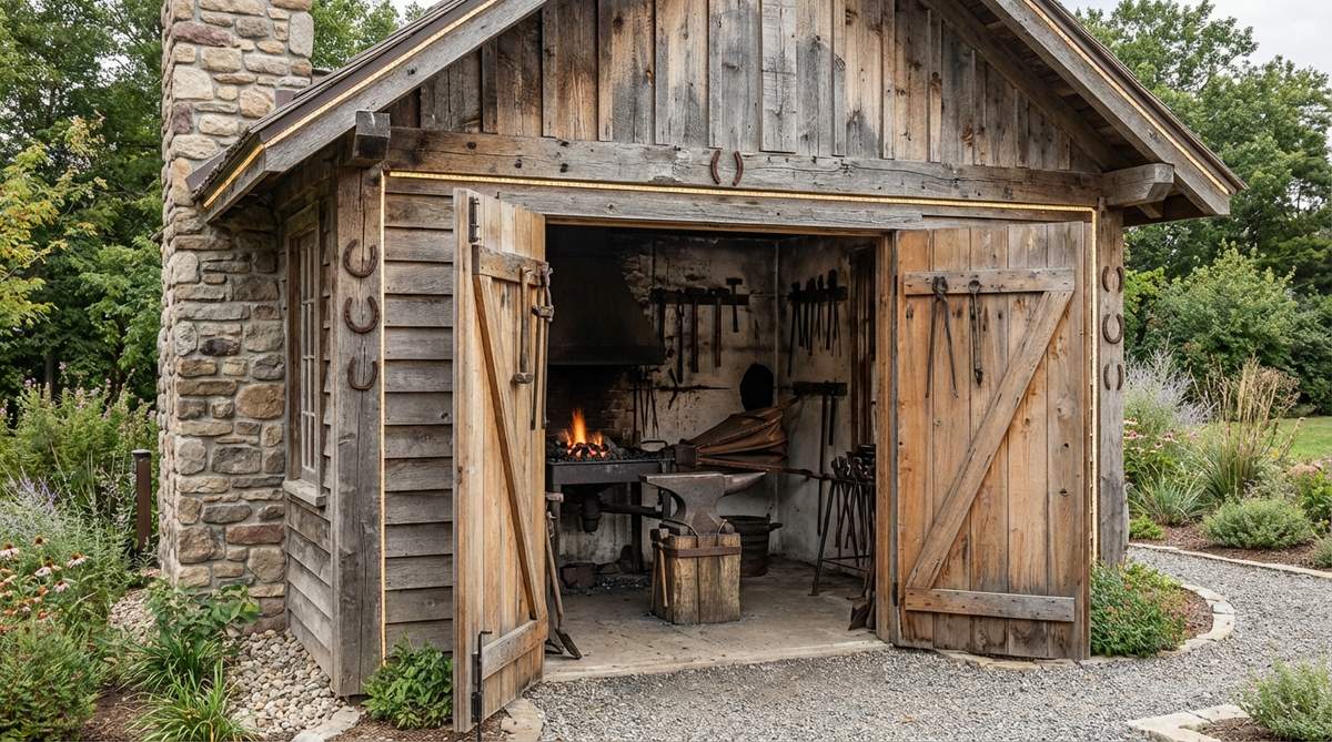 A miniature blacksmith forge workshop garden shed with a stone chimney, open doors revealing an anvil, bellows, and metalwork tools, soot-darkened walls, and iron hardware. Ideal for medieval or fantasy-themed gardens, featuring LED lighting for nighttime displays and rustic accessories like horseshoes.