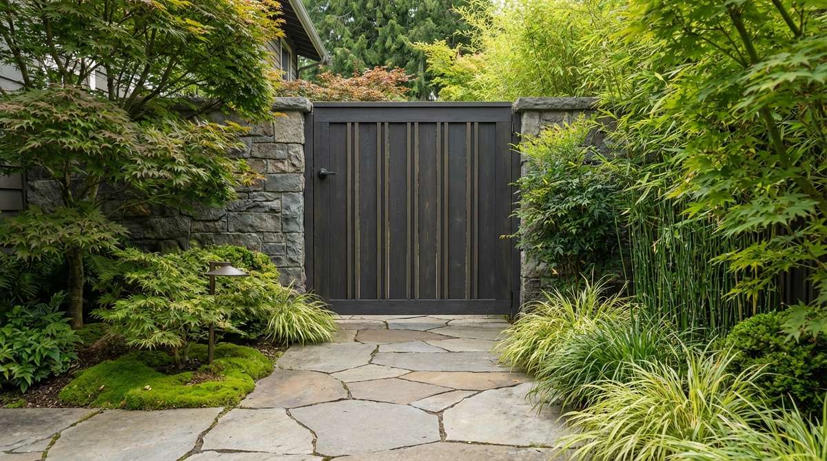 A clean-lined board and batten gate in a Japanese garden setting, featuring vertical boards with thin batten strips covering joints. The gate showcases contemporary design with Japanese simplicity principles, stained in dark tones to emphasize vertical lines and create visual weight.