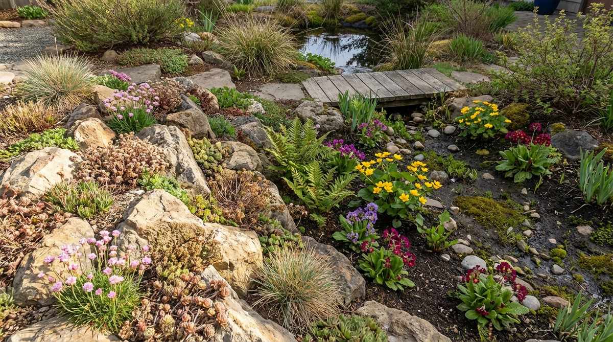 A close-up view of a small garden rockery transitioning into a bog area, showing a gradient from dry-loving alpine plants like sedums and thrift on the rocky slope to moisture-tolerant primulas and marsh marigolds in the wetter bog zone. This design illustrates how to maximize plant diversity by creating varying moisture levels in limited garden spaces.