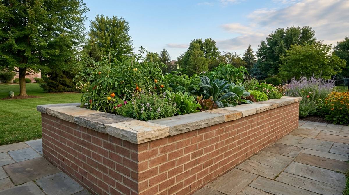 A raised garden bed featuring brick lower courses with a stone cap, combining economical construction with premium appearance. The brick provides uniform, level walls while the stone cap, made of flagstone or cut limestone, overhangs to protect the structure from water damage and creates visual impact at eye level.