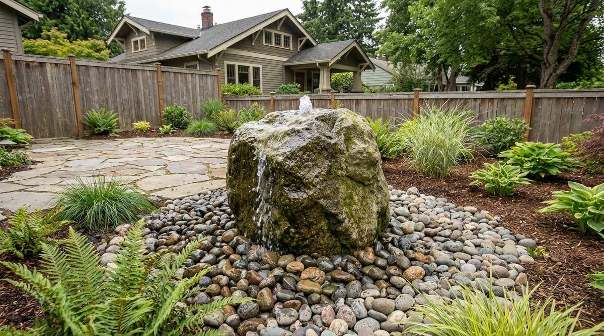 A bubbling boulder fountain featuring a drilled granite or basalt specimen boulder with water gently bubbling from its top, positioned over a hidden reservoir basin filled with river rock. This self-contained stone garden feature creates soothing water sounds that mask urban noise while requiring minimal space, ideal for durable installation in northern climates.