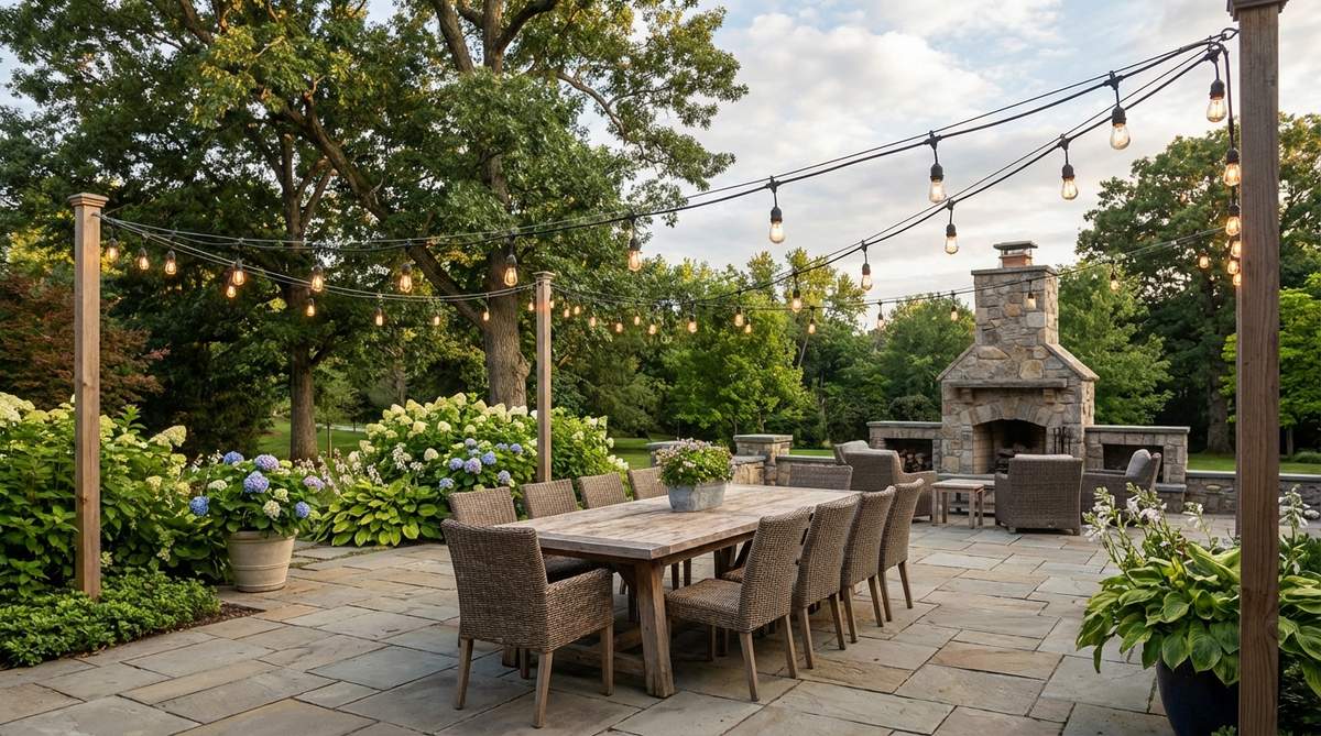 Weatherproof cafe-style string lights suspended over an outdoor dining patio, showing the two-part installation system with support cables and removable clips for easy maintenance.