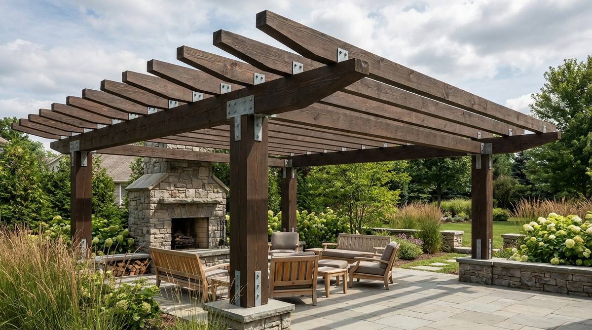 A heavy timber pergola with exposed steel connections and cantilevered beams extending 10-12 feet beyond support posts, providing shade over seating areas. Rafters are oriented east-west for optimal sun control, with members spaced 18-24 inches apart to create shifting dappled shade throughout the day.
