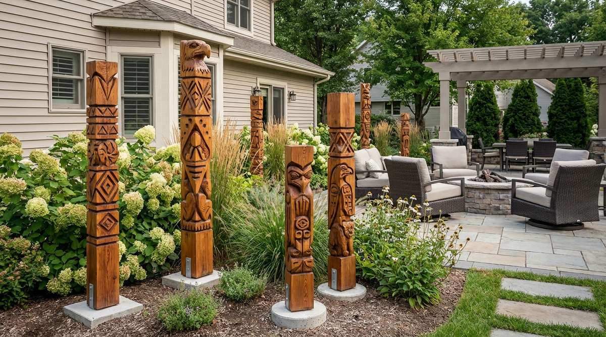 Vertical carved wood totem sculptures in rot-resistant woods like redwood, cedar, or teak featuring abstract patterns, animal motifs, or cultural symbols. These garden decor ornaments range from 3 to 8 feet tall and create focal points in outdoor spaces. Proper installation on concrete footings and annual oil finishes help maintain their appearance.